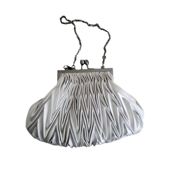 Satin Light Gray Pleated Evening Mini Bag With Short Chain Strap - Picture 4 of 11